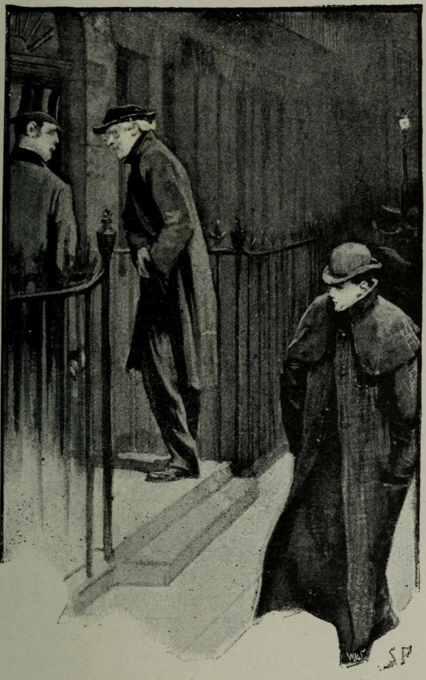 Ilustración en blanco y negro de Un escándalo en Bohemia (1891), donde Irene Adler, disfrazada de mozo, pasa junto a Sherlock Holmes y el doctor Watson en la puerta de Baker Street y los sorprende con un “buenas noches, señor Holmes”. Dibujo de Sidney Paget para The Strand Magazine.