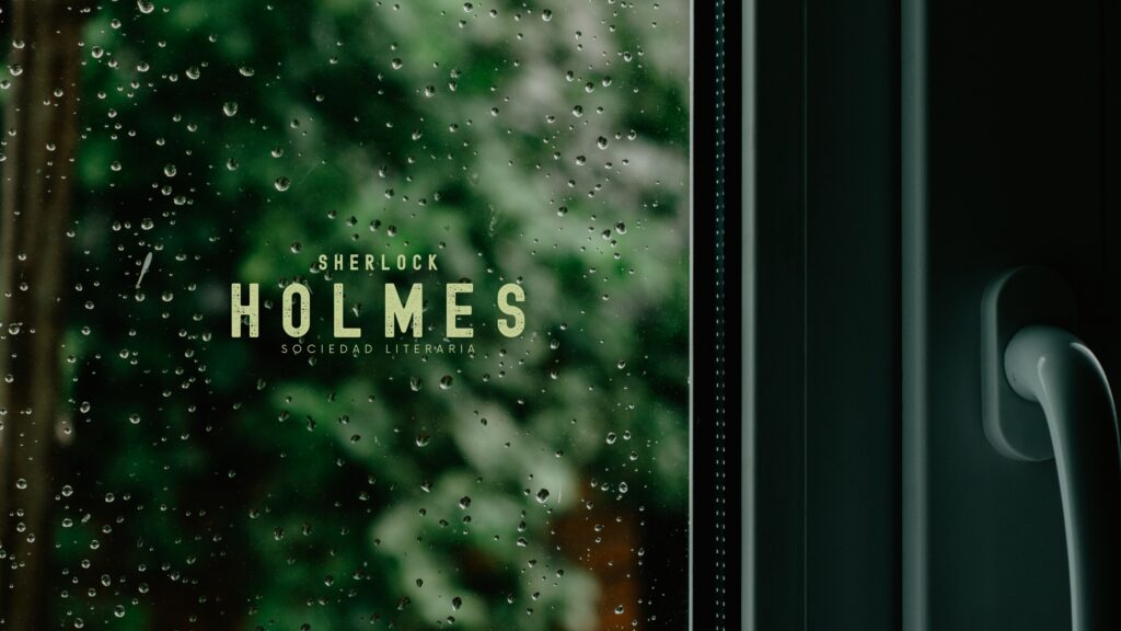 Logotipo de la Sociedad Literaria Sherlock Holmes sobre una ventana con gotas de lluvia, evocando misterio y atmósfera victoriana en Jerez.