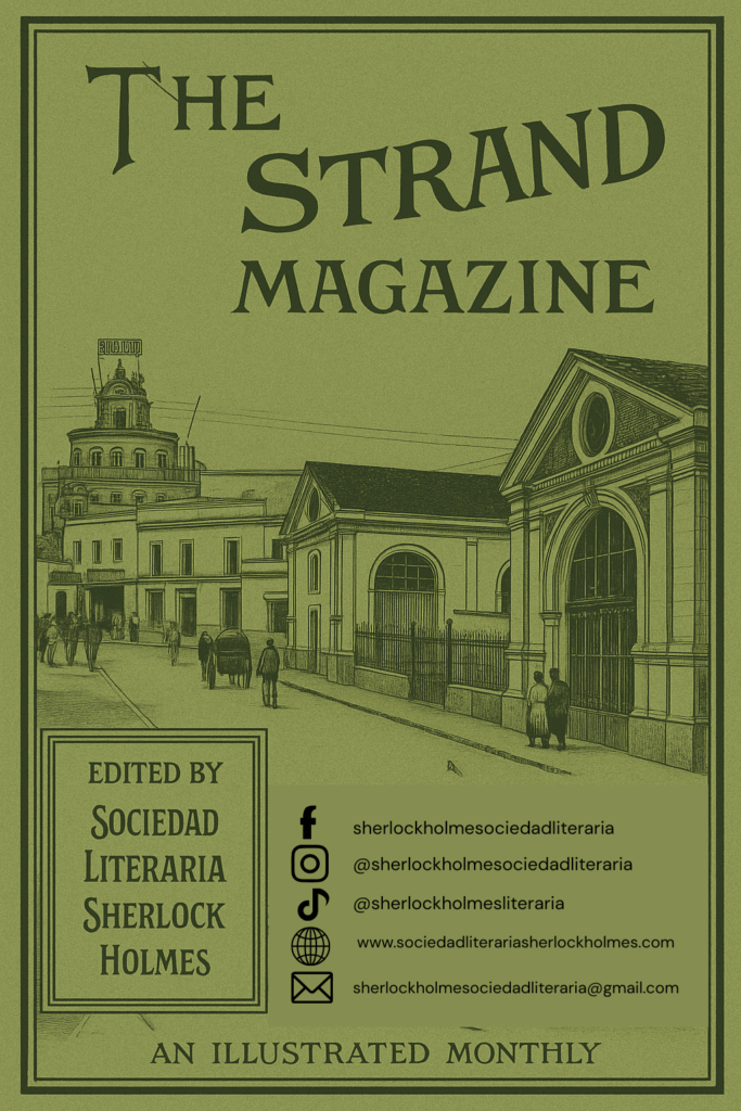 Portada verde con estilo victoriano que imita la revista The Strand Magazine. Incluye ilustración urbana y los datos de contacto de la Sociedad Literaria Sherlock Holmes de Jerez.