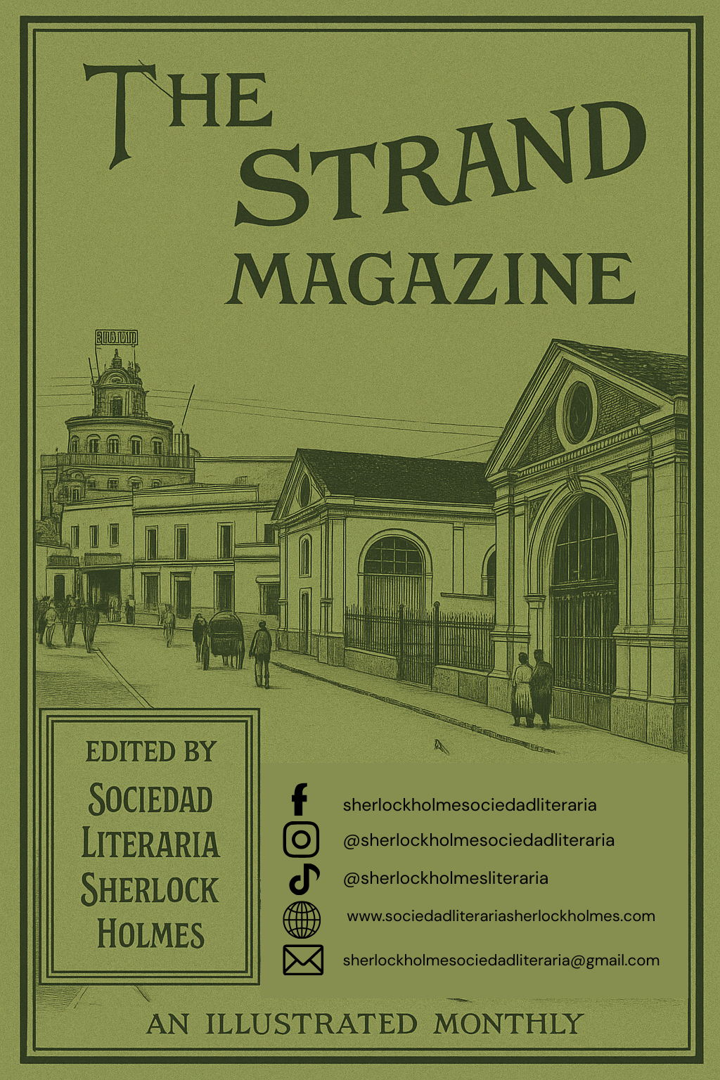 Portada verde con estilo victoriano que imita la revista The Strand Magazine. Incluye ilustración urbana y los datos de contacto de la Sociedad Literaria Sherlock Holmes de Jerez.