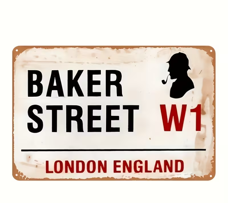 Placa decorativa de estilo vintage con el nombre Baker Street W1 y la silueta de un detective con pipa