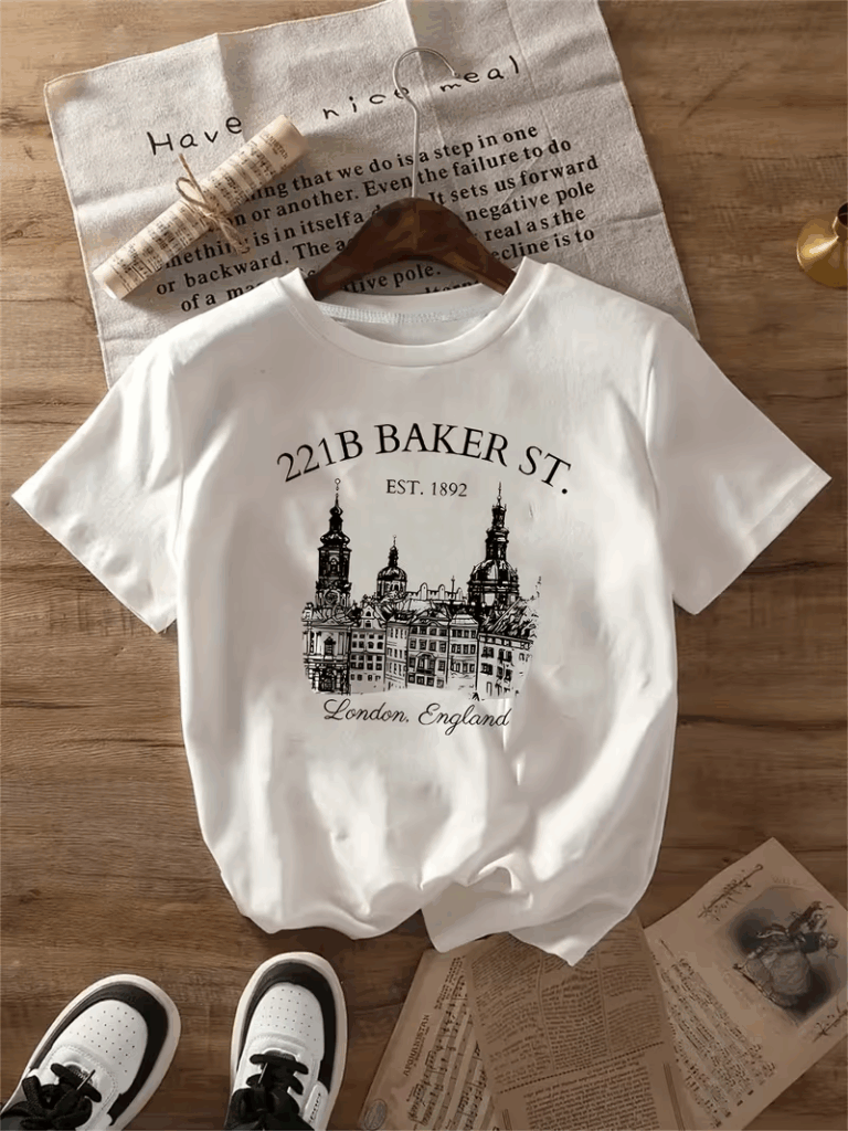 Camiseta blanca con ilustración en negro de edificios londinenses y el texto 221B Baker St., Est. 1892 y London, England