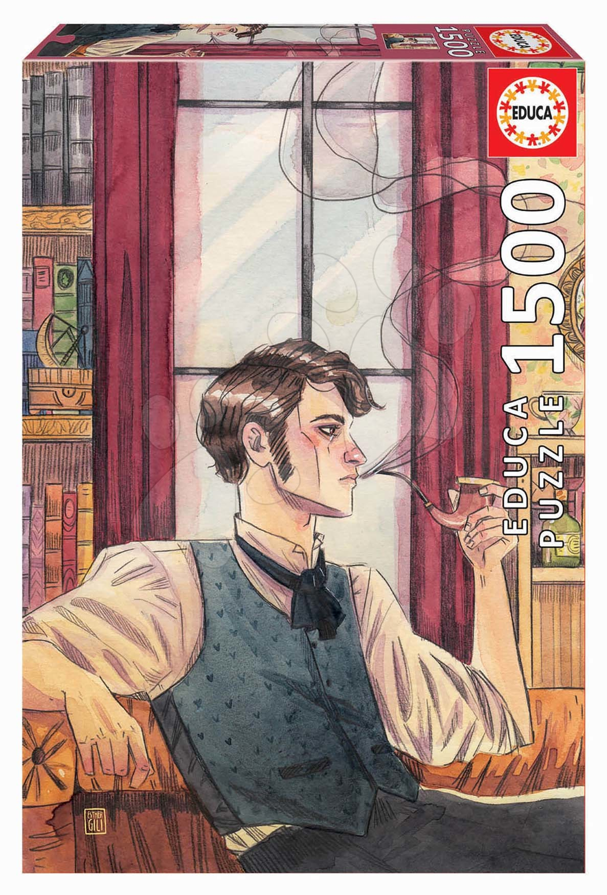 Caja de puzzle de 1500 piezas con ilustración artística de Sherlock Holmes sosteniendo una pipa, diseño de Esther Gili