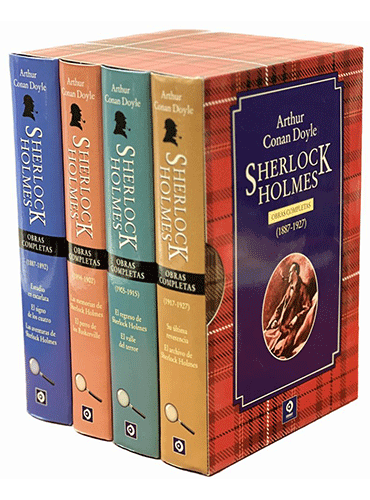 Pack de cuatro volúmenes de las obras completas de Sherlock Holmes de la editorial Edimat, presentados en un estuche con diseño tartán