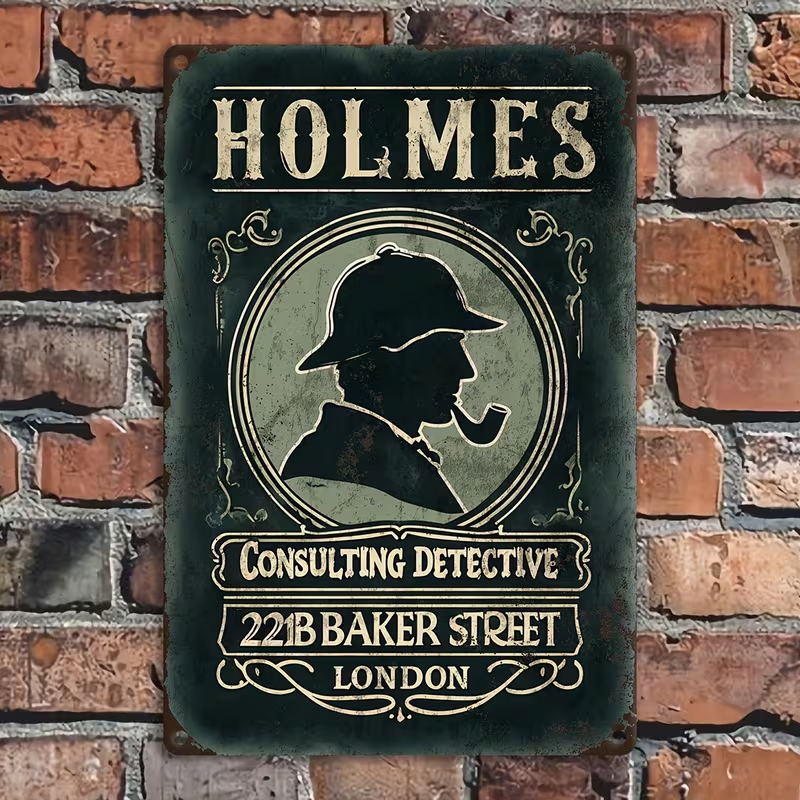 Placa metálica de estilo vintage con la silueta de un detective fumando en pipa y las inscripciones Holmes, Consulting Detective y 221B Baker Street London sobre un fondo oscuro