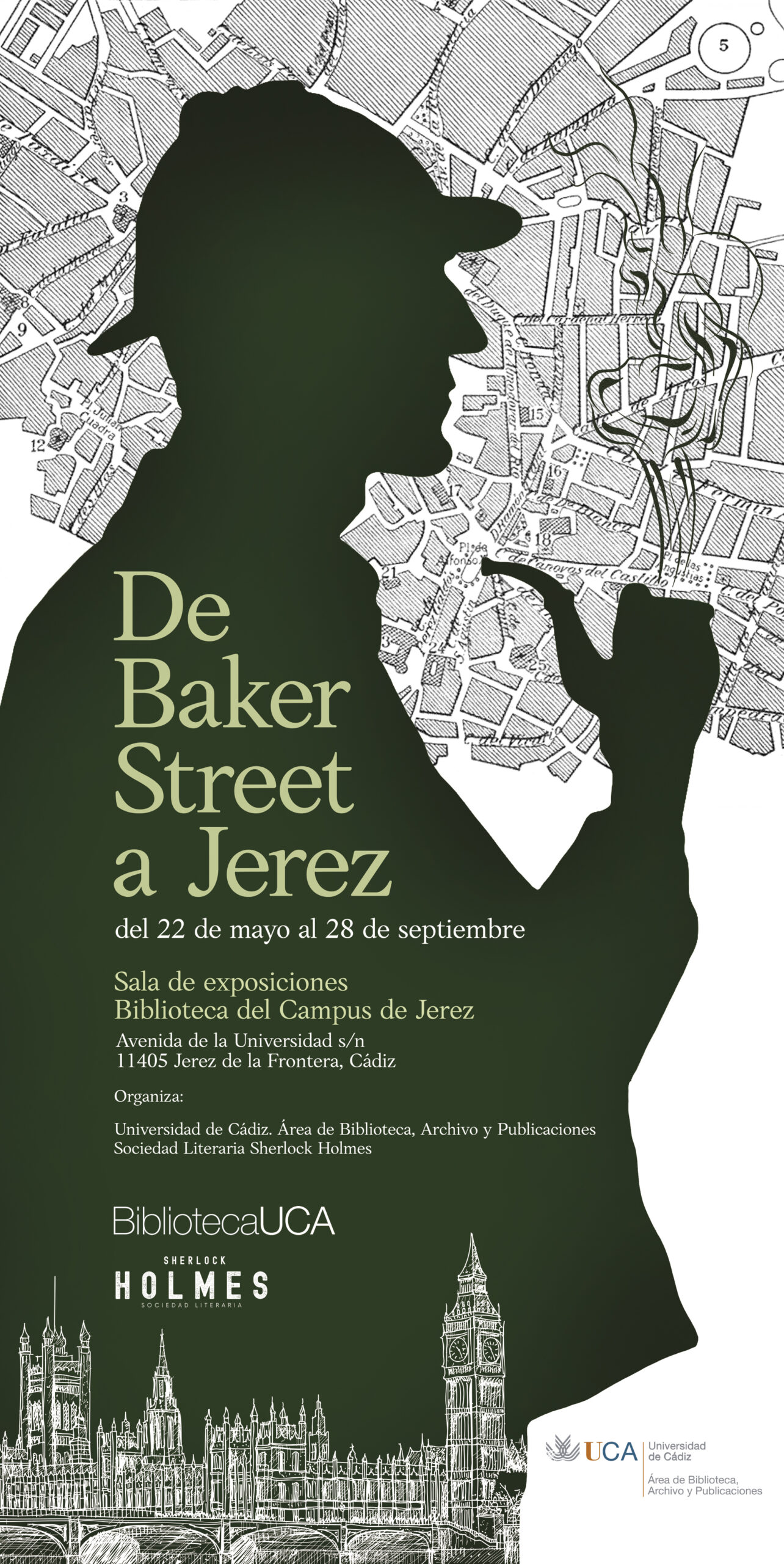 Cartel de la exposición De Baker Street a Jerez en la Biblioteca del Campus de Jerez