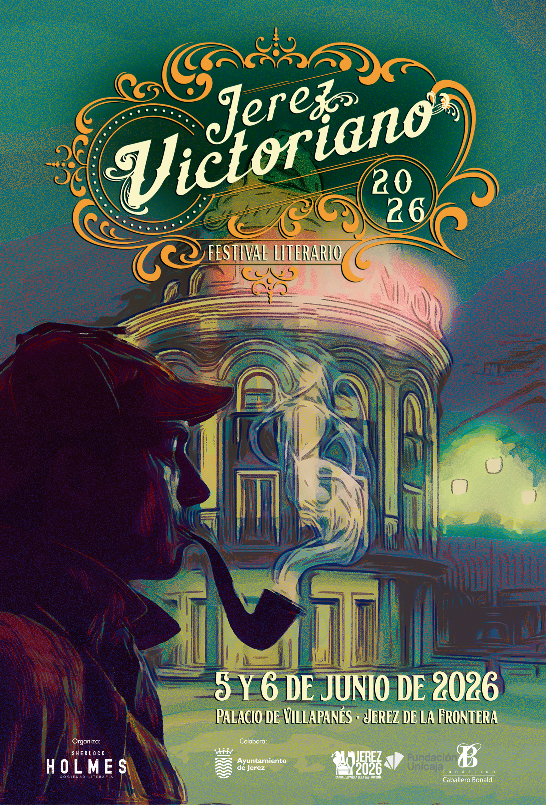 Cartel del Festival Jerez Victoriano, primer festival de literatura victoriana de España, celebrado en Jerez de la Frontera con actividades dedicadas a Sherlock Holmes, Arthur Conan Doyle y la cultura del siglo XIX.